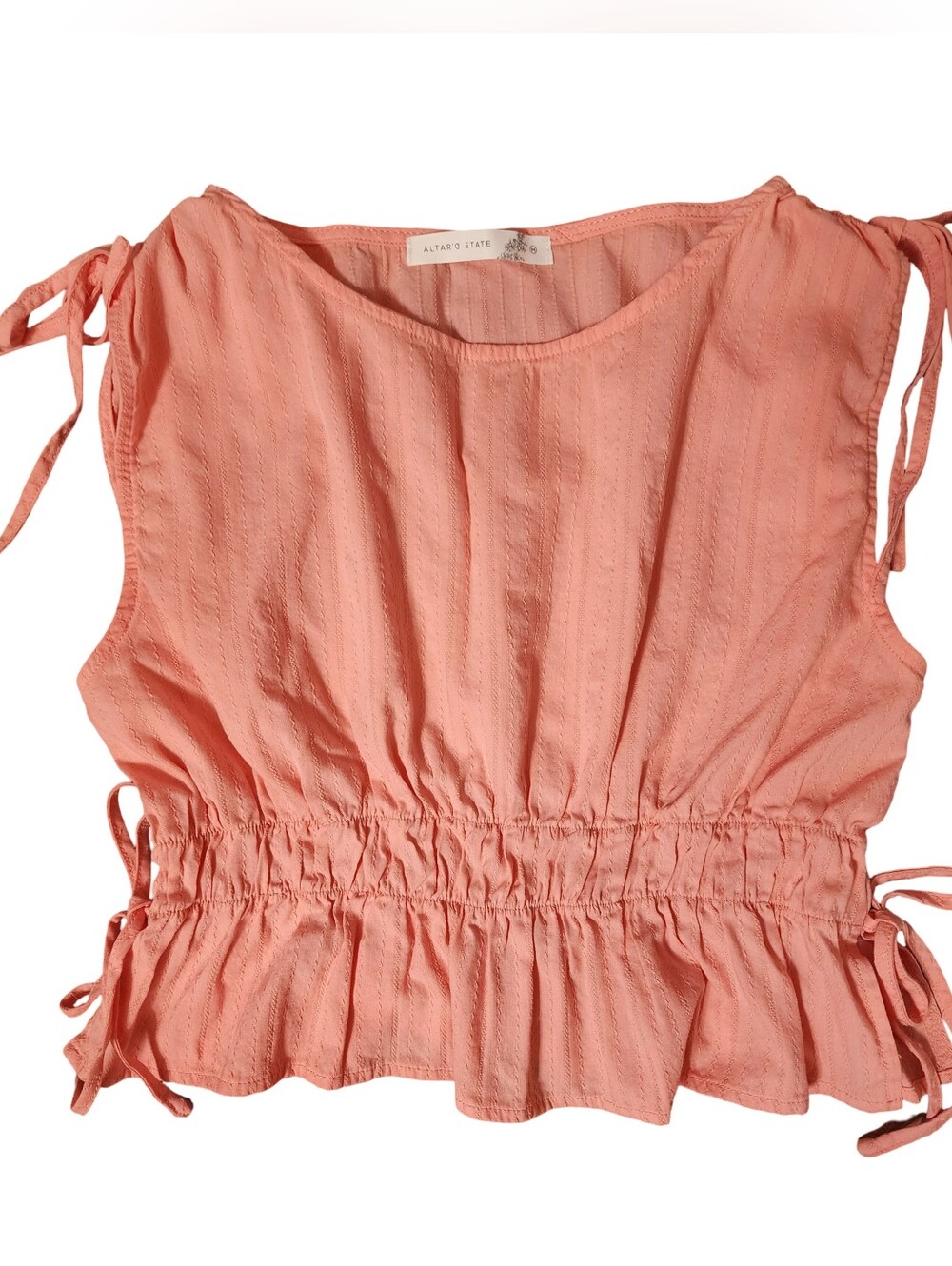ALTAR'D STATE Cottagecore Coral Smocked Tie-Shoulder Cropped Peplum Top Sz Med